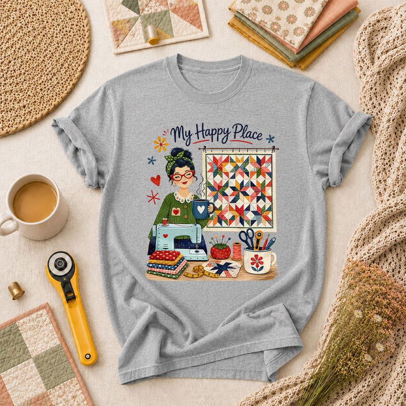 My Happy Place Vintage Quilter Woman Sewing Machine T-Shirt - Athletic Heather