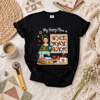 My Happy Place Vintage Quilter Woman Sewing Machine T-Shirt - Black