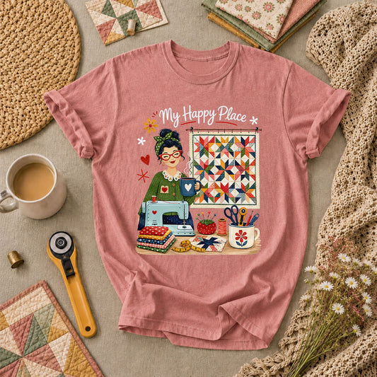 My Happy Place Vintage Quilter Woman Sewing Machine T-Shirt - Heather Mauve