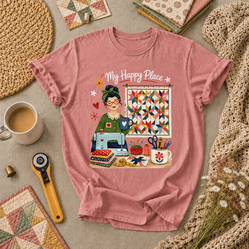 My Happy Place Vintage Quilter Woman Sewing Machine T-Shirt - Heather Mauve