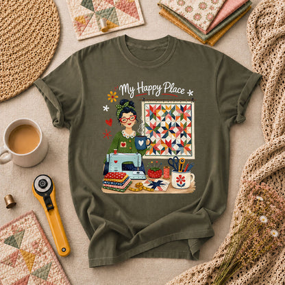 My Happy Place Vintage Quilter Woman Sewing Machine T-Shirt - Military Green