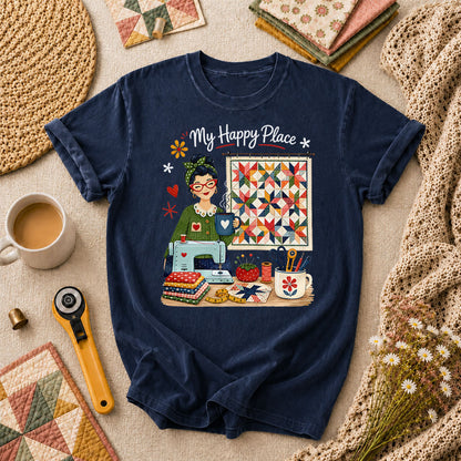 My Happy Place Vintage Quilter Woman Sewing Machine T-Shirt - Navy