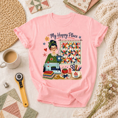 My Happy Place Vintage Quilter Woman Sewing Machine T-Shirt - Pink