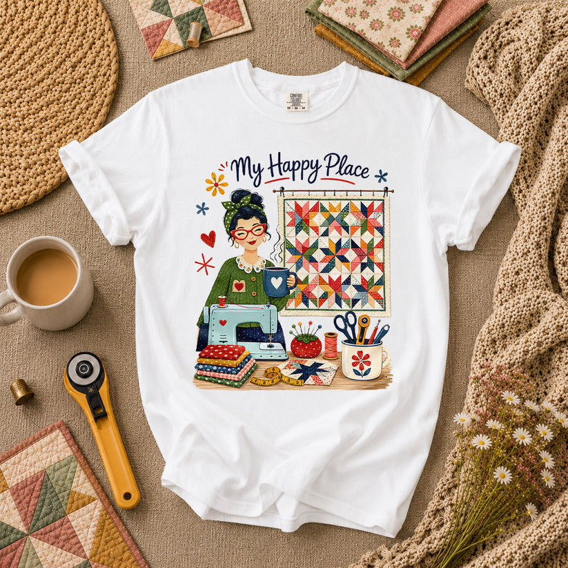 My Happy Place Vintage Quilter Woman Sewing Machine T-Shirt - White