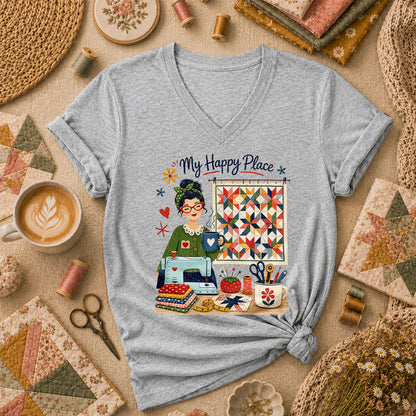 My Happy Place Vintage Quilter Woman Sewing Machine Women's V-Neck - Athletic Heather