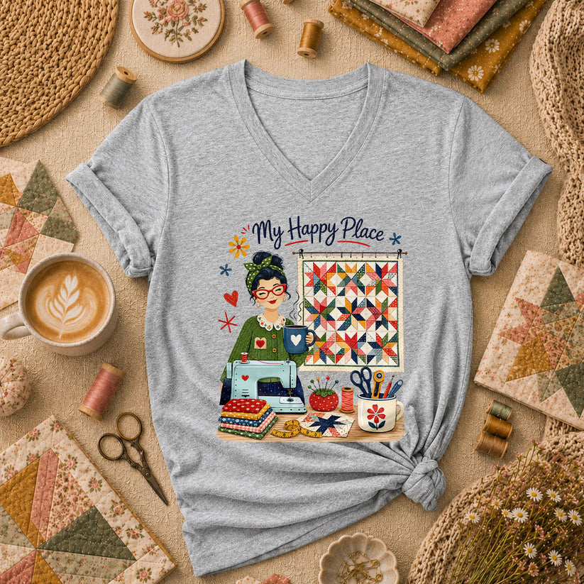 My Happy Place Vintage Quilter Woman Sewing Machine Women's V-Neck - Athletic Heather