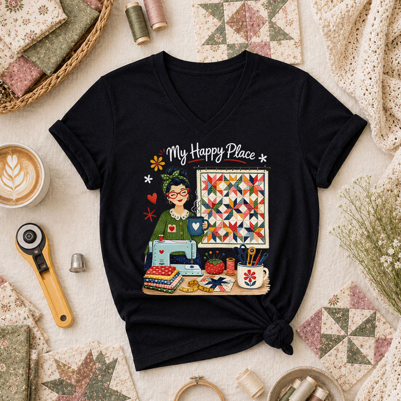 My Happy Place Vintage Quilter Woman Sewing Machine Women's V-Neck - Black