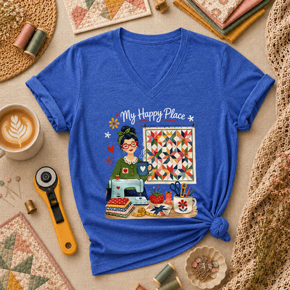 My Happy Place Vintage Quilter Woman Sewing Machine Women's V-Neck - Heather True Royal