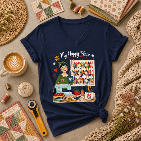 My Happy Place Vintage Quilter Woman Sewing Machine Women's V-Neck - Navy