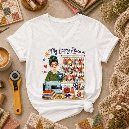 My Happy Place Vintage Quilter Woman Sewing Machine Women's V-Neck - White
