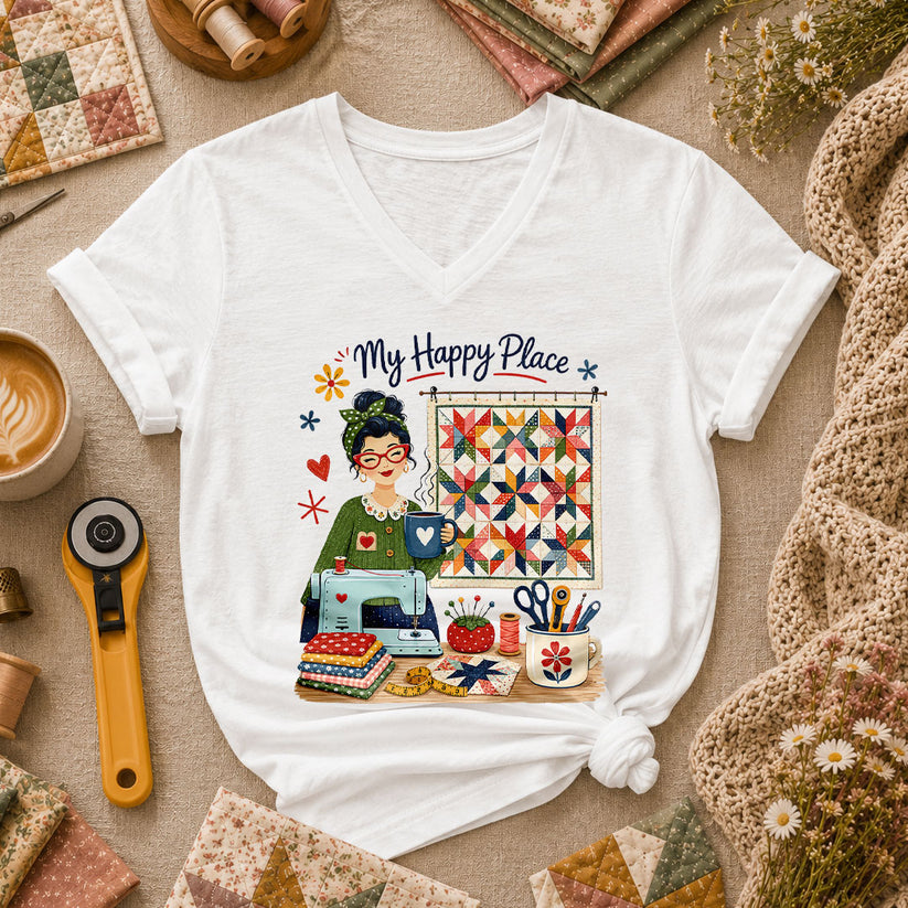 My Happy Place Vintage Quilter Woman Sewing Machine Women's V-Neck - White