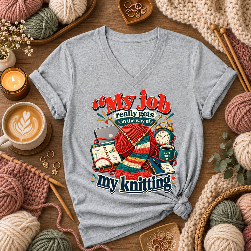 My Job Really Gets In The Way Of My Knitting Women's V-Neck - Athletic Heather