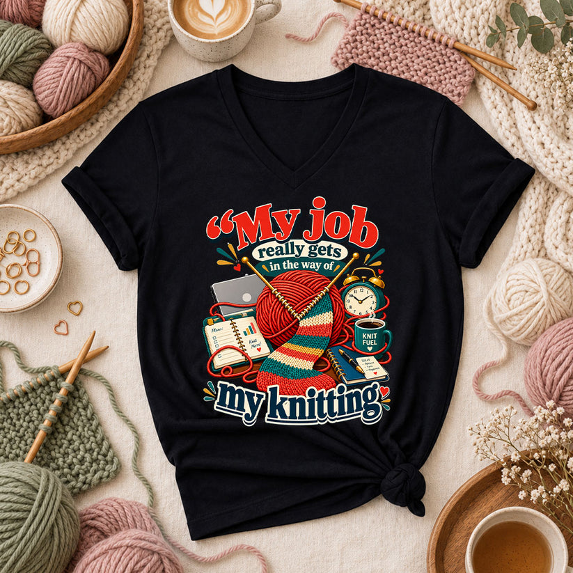 My Job Really Gets In The Way Of My Knitting Women's V-Neck - Black
