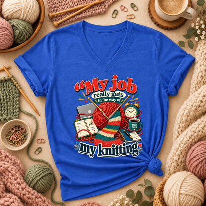 My Job Really Gets In The Way Of My Knitting Women's V-Neck - Heather True Royal