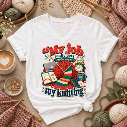 My Job Really Gets In The Way Of My Knitting Women's V-Neck - White