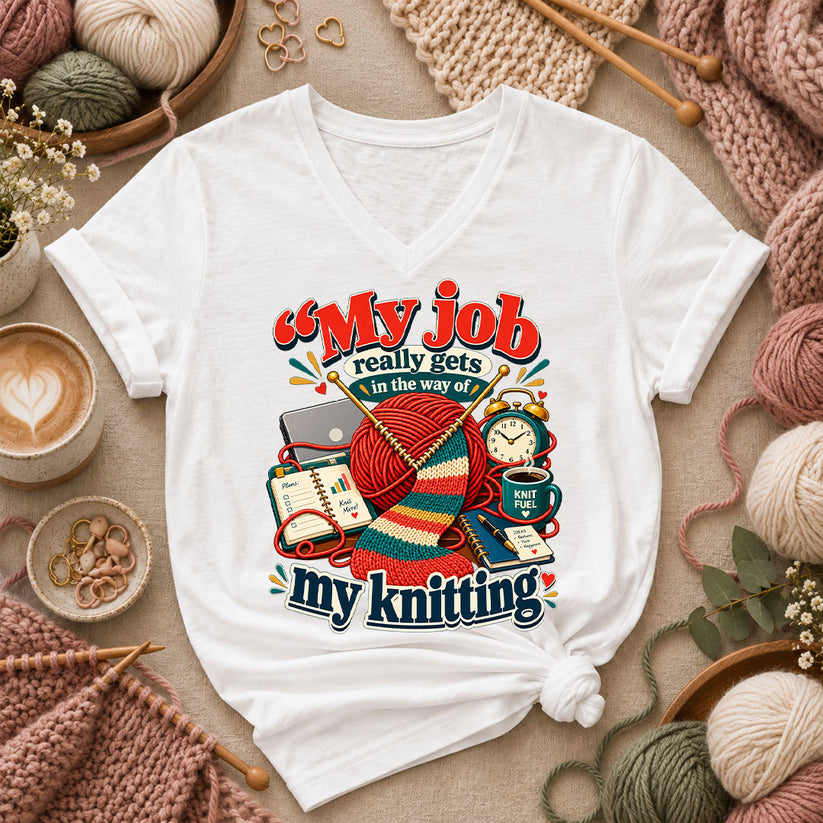 My Job Really Gets In The Way Of My Knitting Women's V-Neck - White