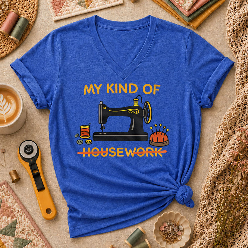 My Kind Of Housework Sew Women's V-Neck - Heather True Royal
