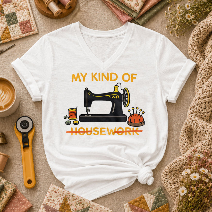 My Kind Of Housework Sew Women's V-Neck - White