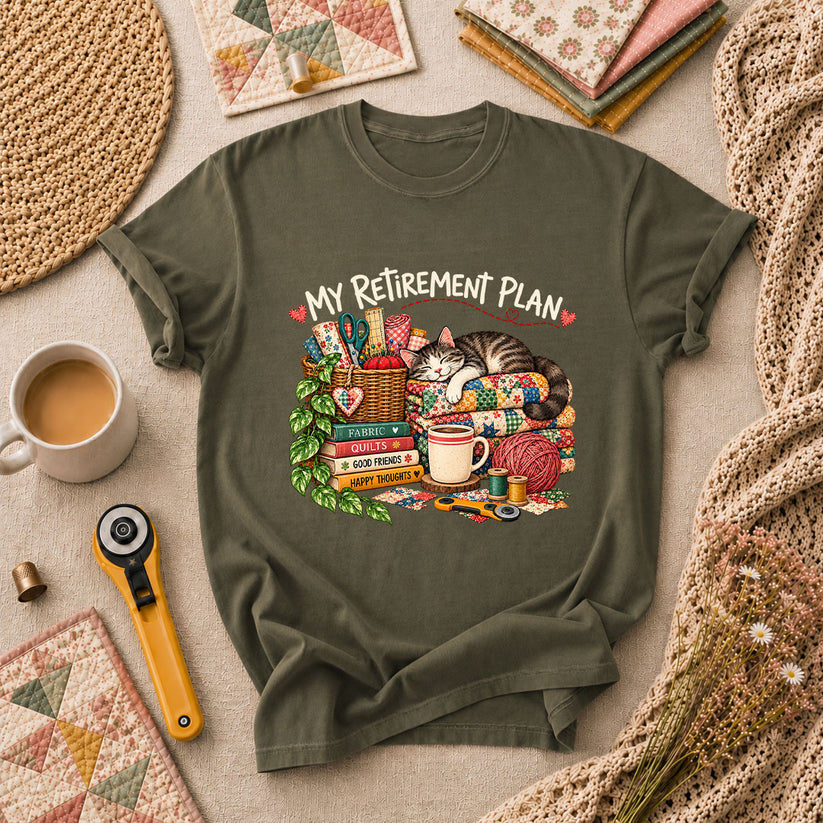 My Retirement Plan Cat Quilt Fabric T-Shirt - Military Green