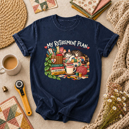 My Retirement Plan Cat Quilt Fabric T-Shirt - Navy