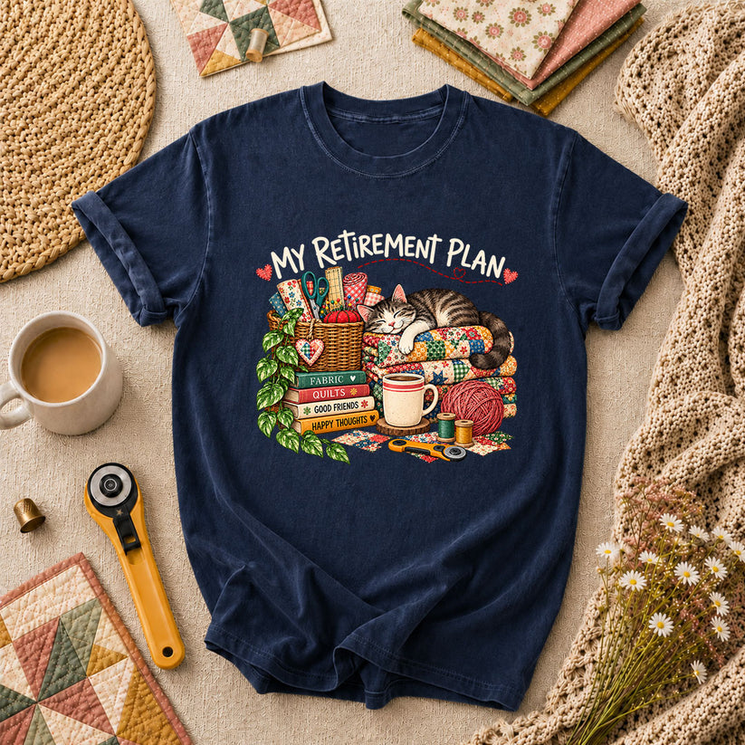 My Retirement Plan Cat Quilt Fabric T-Shirt - Navy