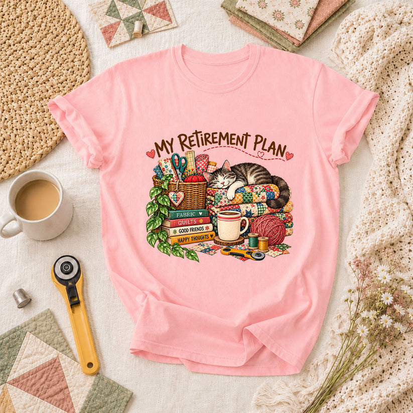 My Retirement Plan Cat Quilt Fabric T-Shirt - Pink