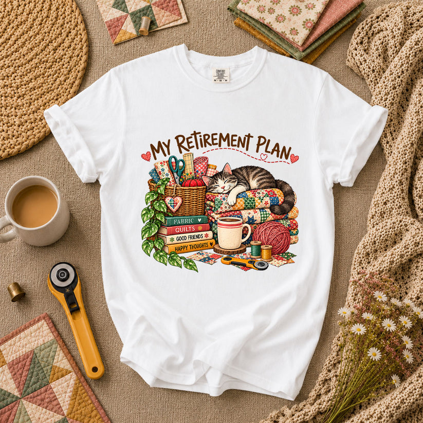 My Retirement Plan Cat Quilt Fabric T-Shirt - White