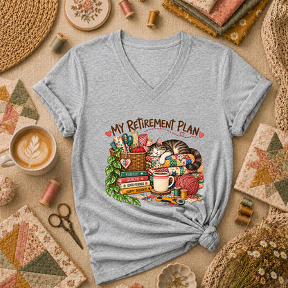 My Retirement Plan Cat Quilt Fabric Women's V-Neck - Athletic Heather