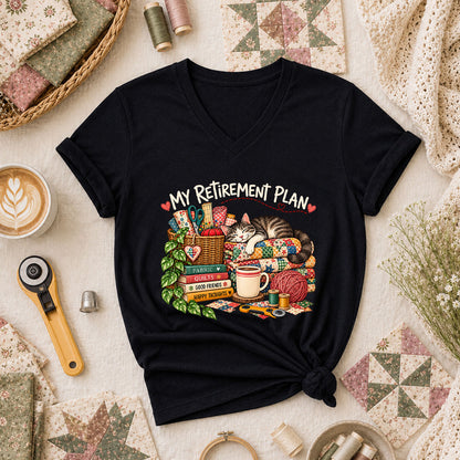 My Retirement Plan Cat Quilt Fabric Women's V-Neck - Black