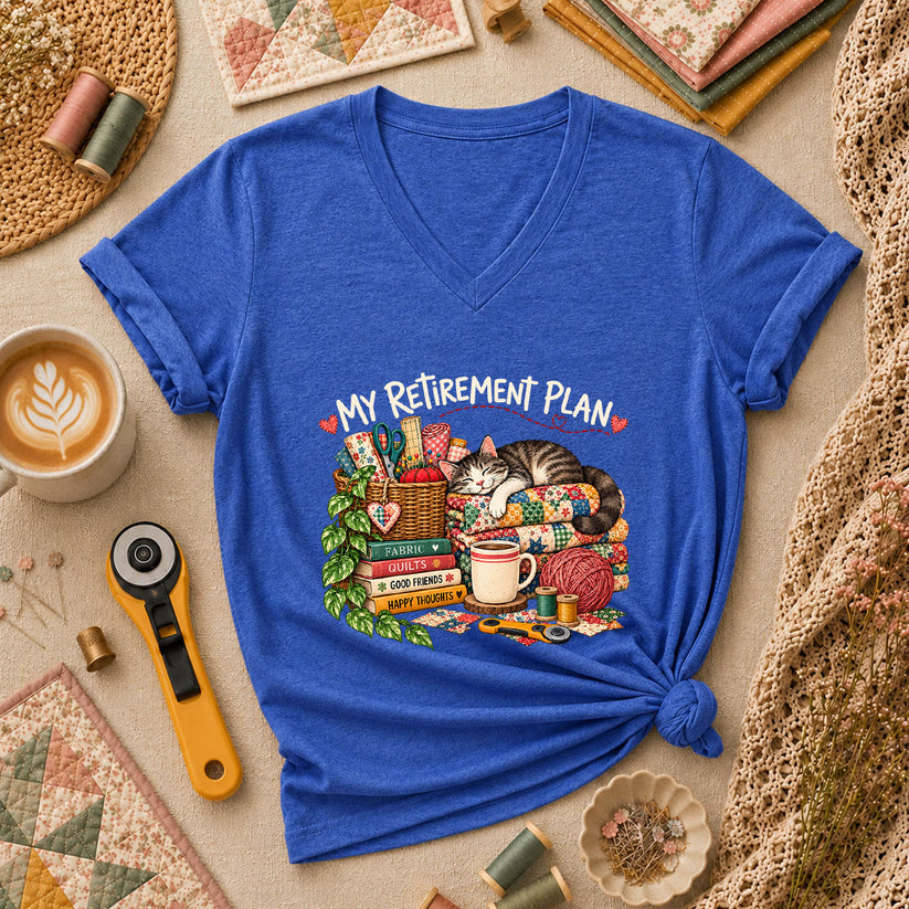 My Retirement Plan Cat Quilt Fabric Women's V-Neck - Heather True Royal