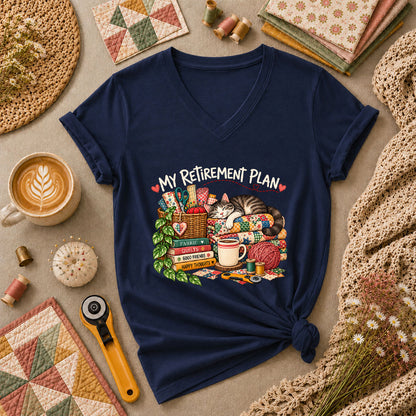 My Retirement Plan Cat Quilt Fabric Women's V-Neck - Navy