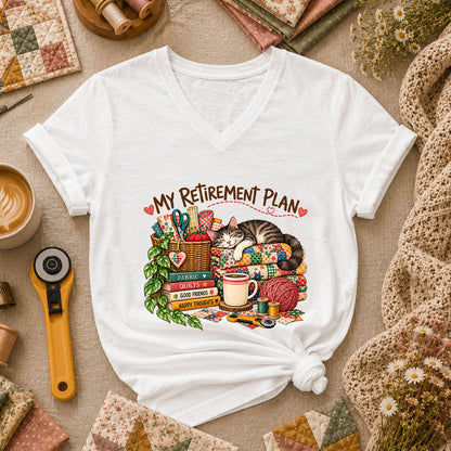My Retirement Plan Cat Quilt Fabric Women's V-Neck - White