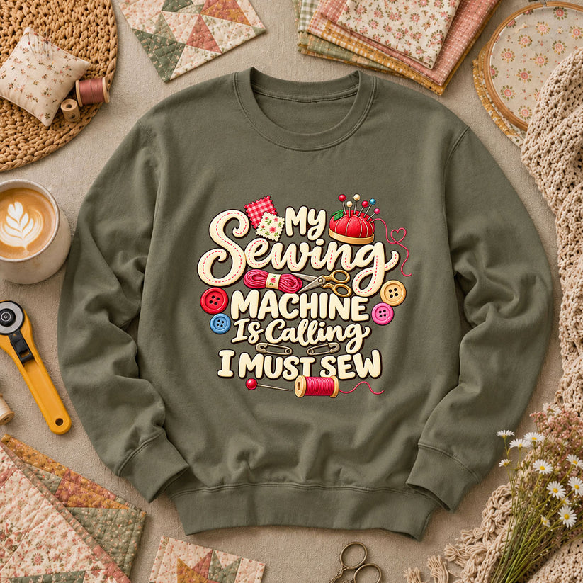 My Sewing Machine Is Calling I Must Sew Long Sleeve - Military Green