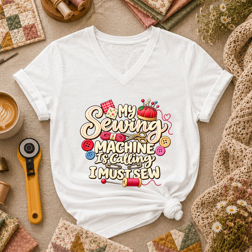 My Sewing Machine Is Calling I Must Sew Women's V-Neck - White