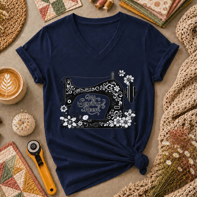 My Sewing Room Black White Sketch Women's V-Neck - Navy