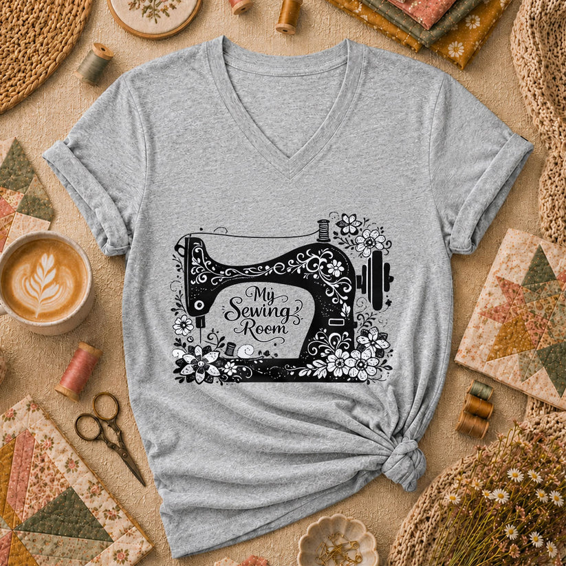 My Sewing Room Black White Sketch Women's V-Neck - Sport Grey