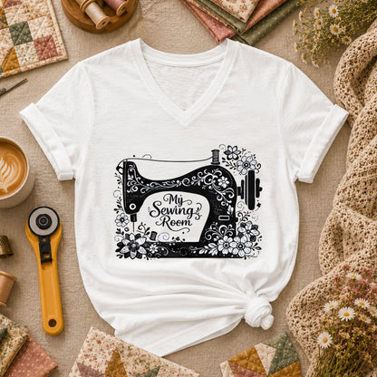 My Sewing Room Black White Sketch Women's V-Neck - White
