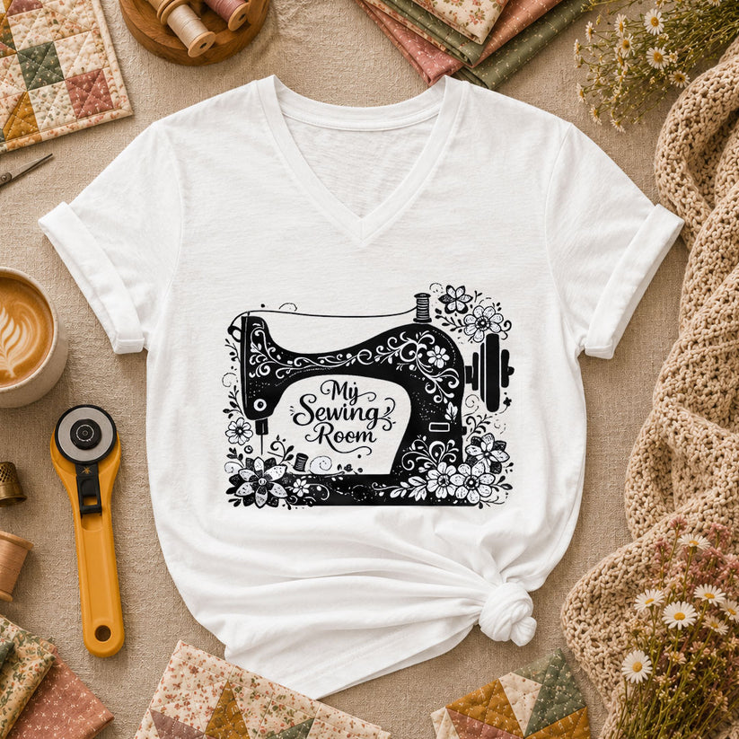 My Sewing Room Black White Sketch Women's V-Neck - White