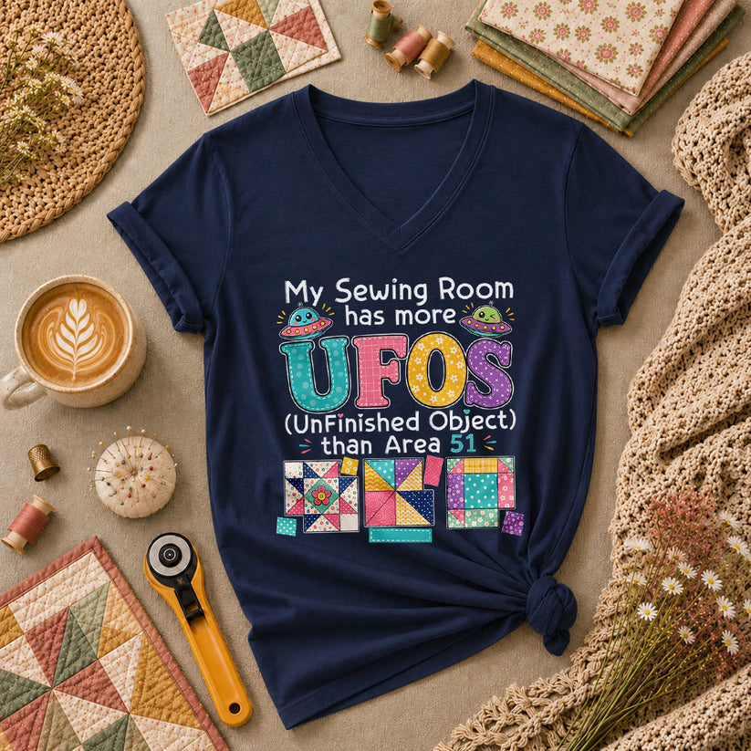 My Sewing Room Has More UFOs Than Area 51 Women's V-Neck - Navy
