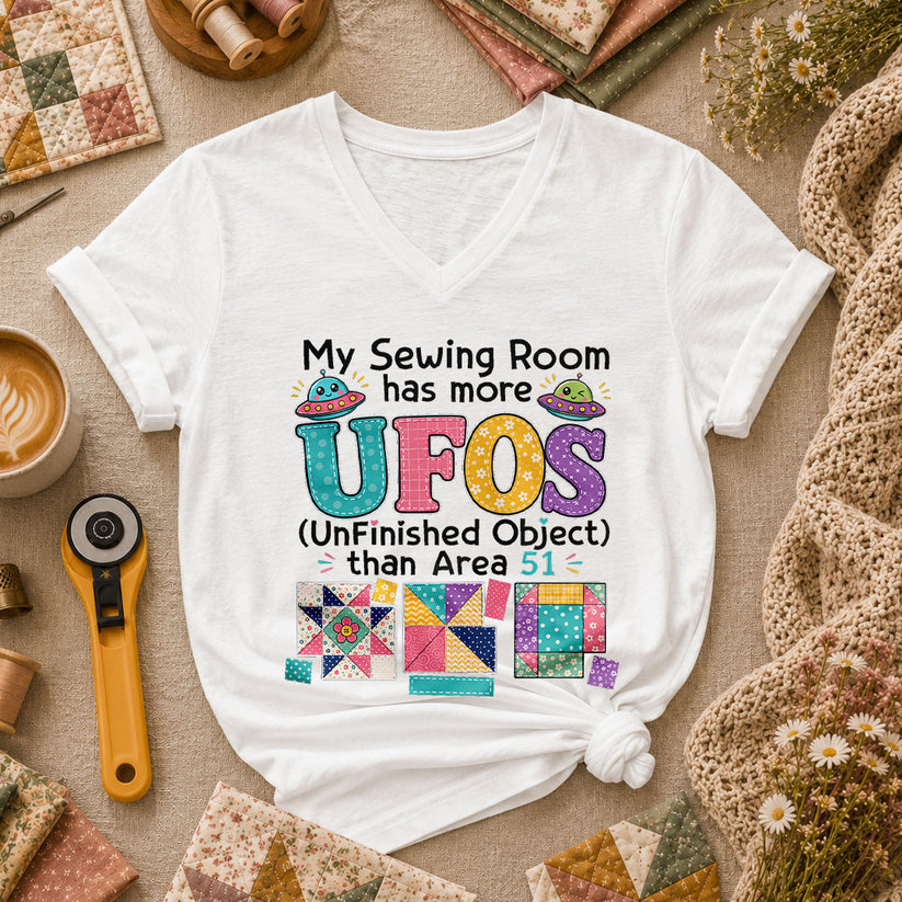 My Sewing Room Has More UFOs Than Area 51 Women's V-Neck - White