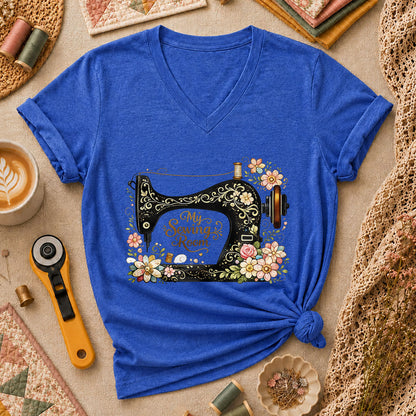My Sewing Room Ornate Floral Women's V-Neck - Heather True Royal