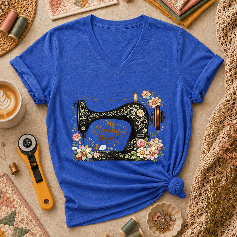 My Sewing Room Ornate Floral Women's V-Neck - Heather True Royal