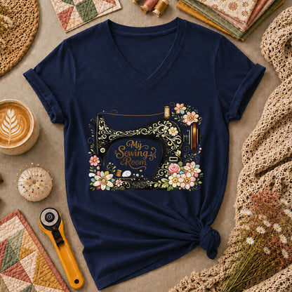 My Sewing Room Ornate Floral Women's V-Neck - Navy