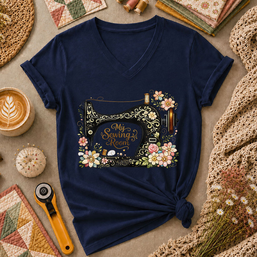 My Sewing Room Ornate Floral Women's V-Neck - Navy