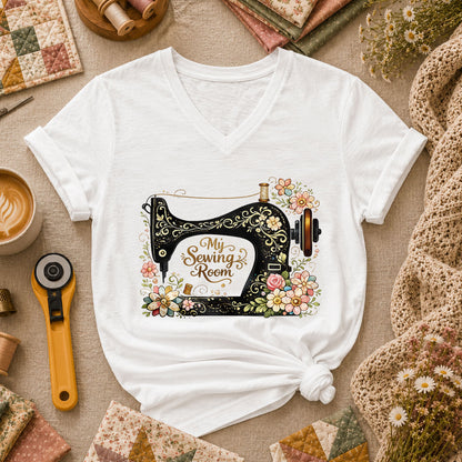 My Sewing Room Ornate Floral Women's V-Neck - White