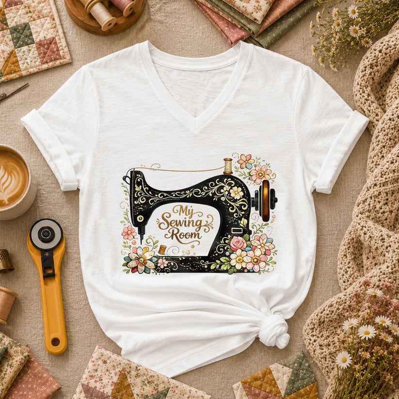 My Sewing Room Ornate Floral Women's V-Neck - White