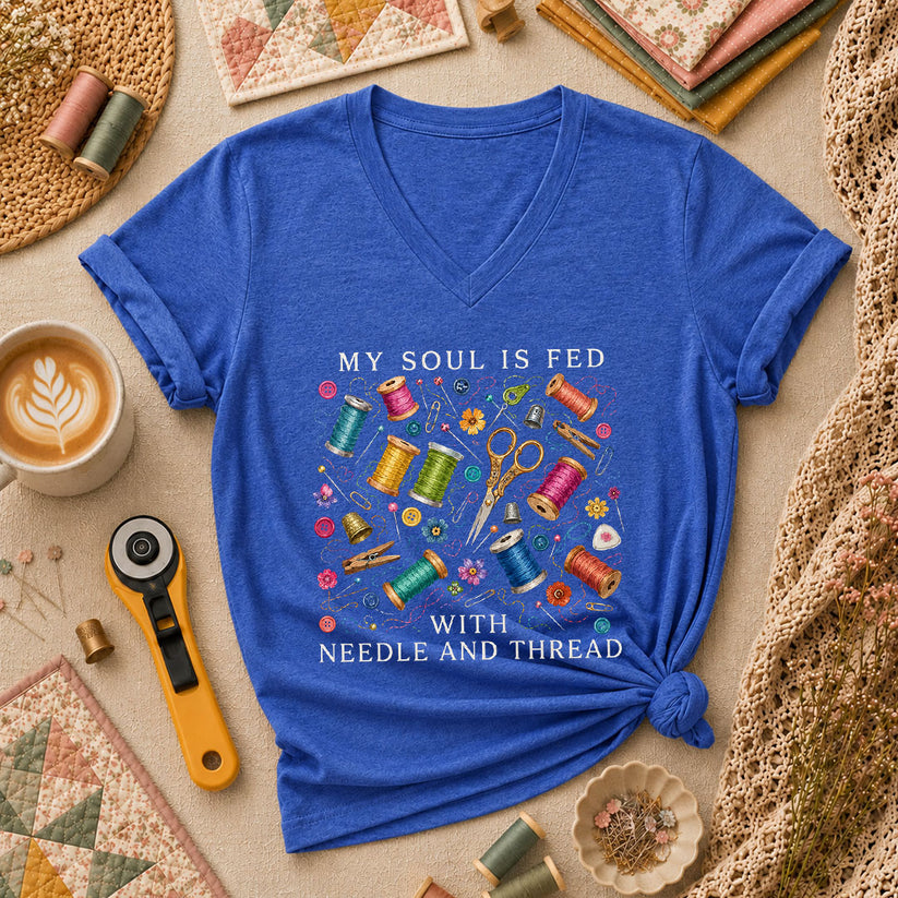 My Soul Is Fed With Needle And Thread Women's V-Neck - Heather True Royal