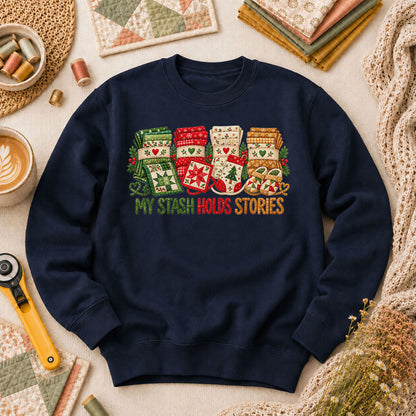 My Stash Holds Stories Christmas Fat Quarter Stacks Long Sleeve - Navy
