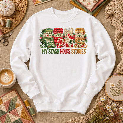 My Stash Holds Stories Christmas Fat Quarter Stacks Long Sleeve - White