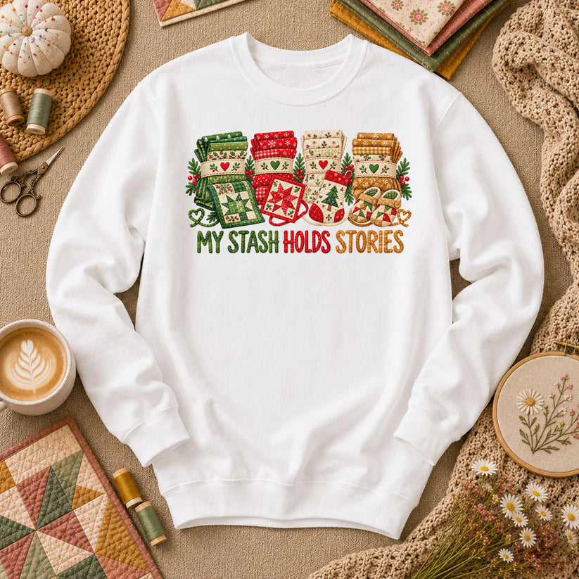 My Stash Holds Stories Christmas Fat Quarter Stacks Long Sleeve - White